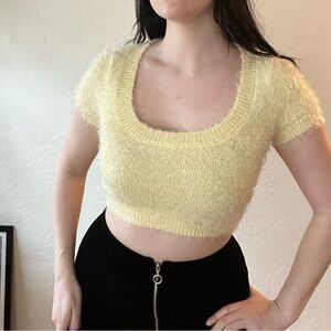 Pale butter yellow fuzzy faux-angora cropped sweater